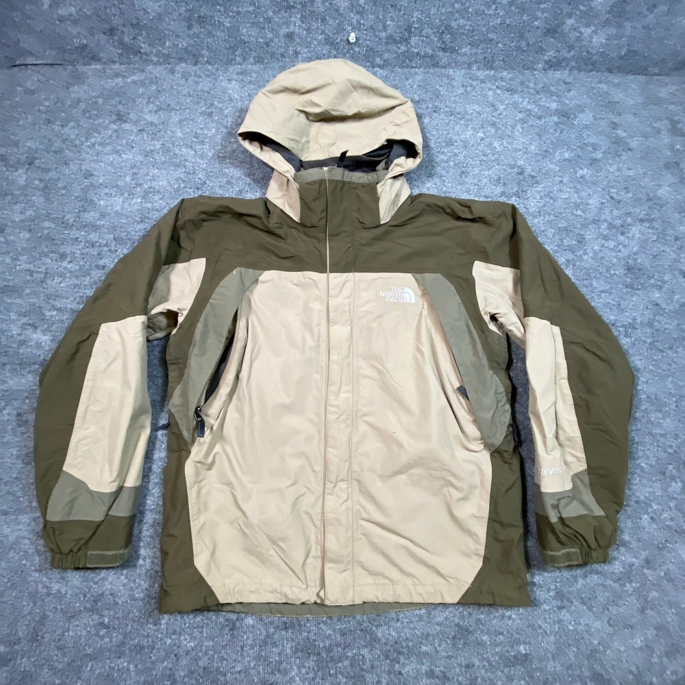 The North Face HyVent Hooded Rain Jacket Mens Medium Olive Green Tan Colorblock